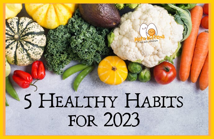 5 Healthy Habits for 2023 on a poster showing a lot of vegetables